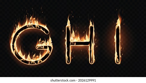 Three different fiery letters of the alphabet on a black background. Special effect of transparent smoke. Very realistic illustration.