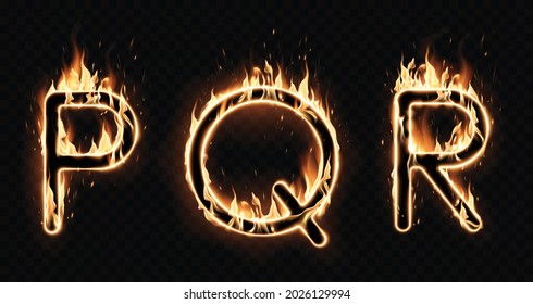 Three different fiery letters of the alphabet on a black background. Special effect of transparent smoke. Very realistic illustration.