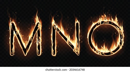 Three different fiery letters of the alphabet on a black background. Special effect of transparent smoke. Very realistic illustration.