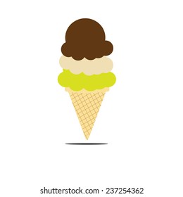 Three different flavor ice creams with cone on white background