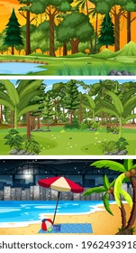 Three different forest horizontal scenes illustration
