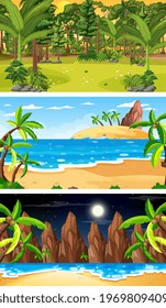Three different forest horizontal scenes illustration