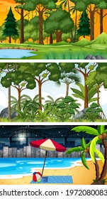 Three different forest horizontal scenes illustration