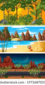 Three different forest horizontal scenes illustration