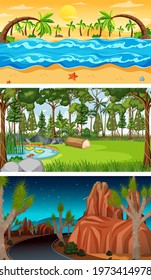 Three different forest horizontal scenes illustration