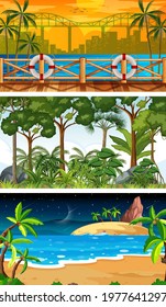 Three different forest horizontal scenes illustration