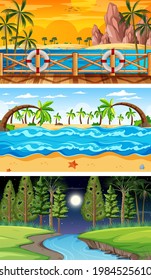 Three different forest horizontal scenes illustration