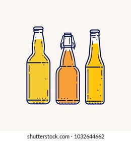 Three different form of beer bottles without labels isolated on light background. Vector illustration.