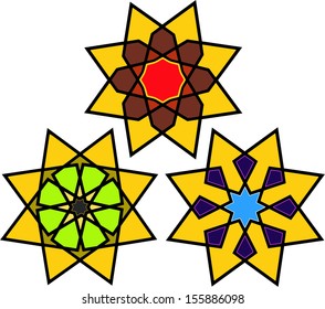 Three  different formation of eight point stars pattern commonly found in Islamic geometric pattern architecture.