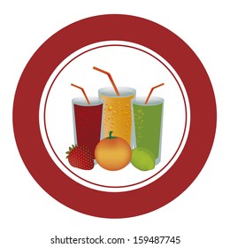 three different fruits with three different juices in a red icon