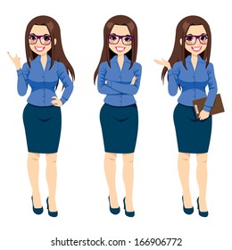 Three different full body illustration of beautiful brunette businesswoman with glasses posing making gestures