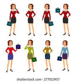 Three different full body illustration of beautiful brunette businesswoman with glasses posing making gestures