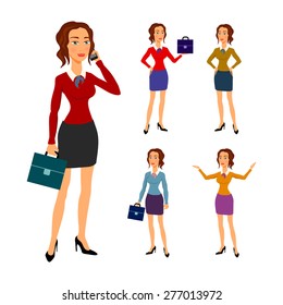 Three different full body illustration of beautiful brunette businesswoman with glasses posing making gestures