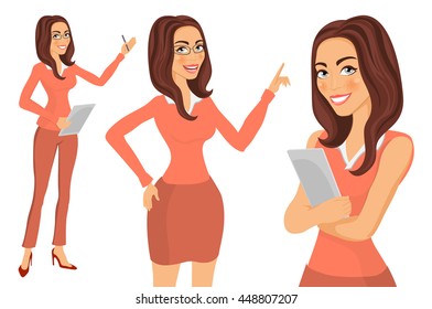 Three different full body illustration of beautiful brunette businesswoman with glasses posing making gestures art
