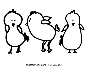 Three different funny chicks. Vector doodle outline illustration isolated on white background. Hand drawing bird. Desing children textile, clothes, invitation, print t shirt, cup.