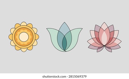 Three different geometric lotus flower emblems with elegant lines and pastel colors on a neutral gray background.