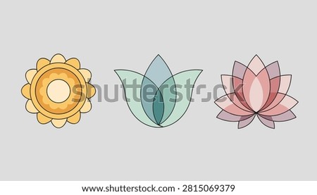 Three different geometric lotus flower emblems with elegant lines and pastel colors on a neutral gray background.