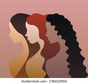 Three different girls with brown, red and black hairs on gradient background