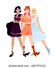 three different girls stand in beautiful poses, models in beautiful outfits pose