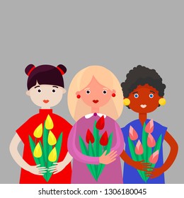 three different girls with tulips