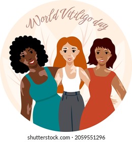 Tres chicas diferentes con vitiligo. Ilustración vectorial del Día Mundial del Vitiligo.