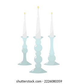 Three different glass candlesticks. Candle stands of blue glass with candles. Flat illustration. Isolated on a white background.