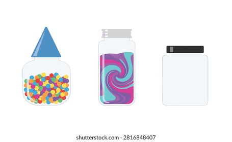 Three different glass jars showing colorful confectionery sprinkles, swirling purple gel, and an empty container for storage.