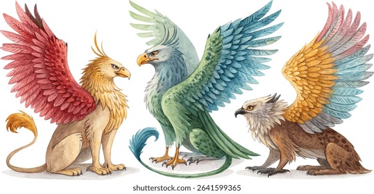 Three different griffins in watercolor style, each with unique color palettes and poses.
