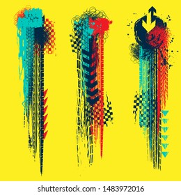 Three different grunge tire track banners with color ink blots elements isolated on yellow background
