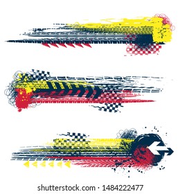 Three different grunge tire track banners with color ink blots elements isolated on white wallpaper