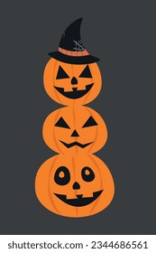 Three different Halloween pumpkins with carved grins stand on top of each other in a pyramid shape with grimace variations. Vector illustration