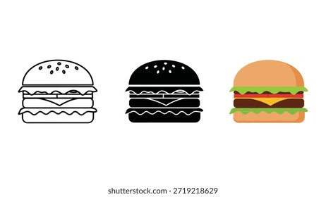 Tres diferentes ilustraciones de hamburguesa sobre fondo blanco