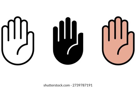 Three different hand gesture icons in white, black, and pink are displayed on a plain white background, symbolizing a stop or warning signal or gesture used for various purposes and designs.