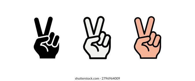 Three different hand gestures depicting the peace symbol with two fingers extended upwards in a Vshape isolated on a transparent background showcasing diverse styles and color representations for versatile graphic design applications