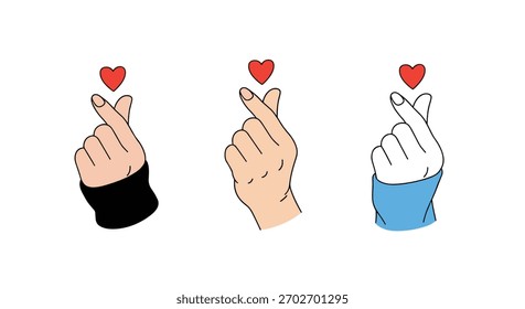 Three different hands making a heart gesture with their fingers.