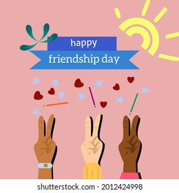 three different hands are posing towards the top. illustrates about friendship day.Also a happy friendship day.