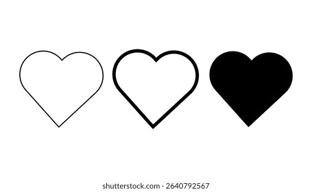 Three different heart icon variations in outlined and solid black designs for social media