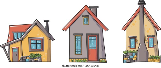 three different houses. Vector image on a white background. Cottages, country house, cute, cozy. Print for clothing, poster, presentation, book illustration.