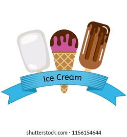 Three different ice cream wrapped in blue ribbon with the inscription ice cream. Vector illustration

