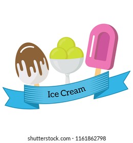 Three different ice cream wrapped in blue ribbon with the inscription ice cream. Vector illustration