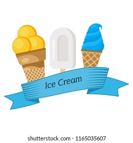 Three different ice cream wrapped in blue ribbon with the inscription ice cream. Vector illustration