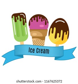 Three different ice cream wrapped in blue ribbon with the inscription ice cream. Vector illustration
