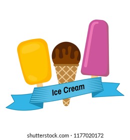 Three different ice cream wrapped in blue ribbon with the inscription ice cream. Vector illustration
