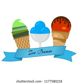 Three different ice cream wrapped in blue ribbon with the inscription ice cream. Vector illustration