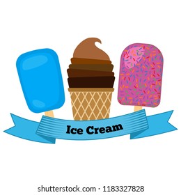 Three different ice cream wrapped in blue ribbon with the inscription ice cream. Vector illustration
