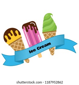 Three different ice cream wrapped in blue ribbon with the inscription ice cream. Vector illustration

