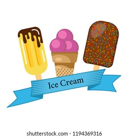 Three different ice cream wrapped in blue ribbon with the inscription ice cream. Vector illustration
