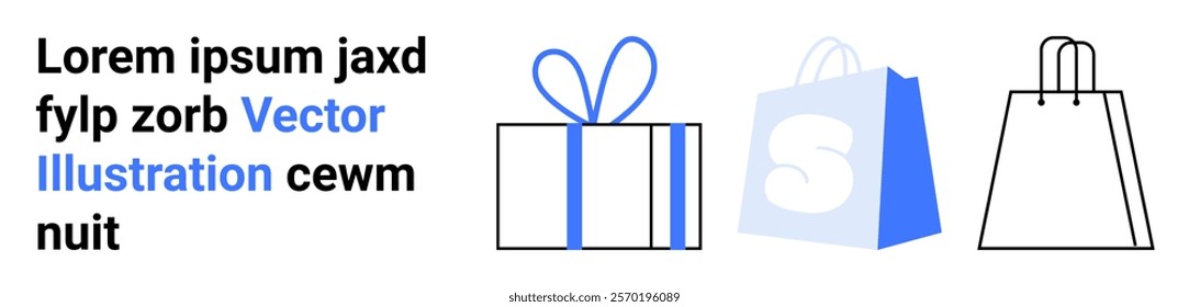 Three different icons featuring a wrapped gift, a shopping bag with an S logo, and a plain shopping bag. Ideal for e-commerce websites, online stores, gift shops, product promotions, and holiday