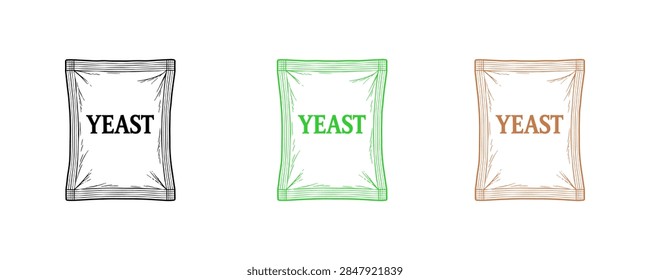 Three different illustrated packets of yeast are shown side by side on a white background. One packet is sketched in black and white, another is colored green, and the third is colored orange.