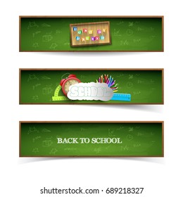 Three different isolated green school banner set with headlines and colored descriptions vector illustration